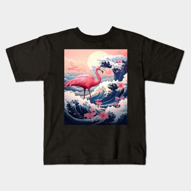 Japanese Flamingo Surfer Great Wave Off Kanagawa Kids T-Shirt by Ross Holbrook